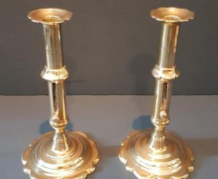 Pair of George III Brass Petal Base Candlesticks - Image 1