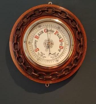 Victorian Oak Porcelain Dial Aneroid Barometer