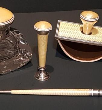 Superb Silver and Enamel Four Piece Pen and Ink Set