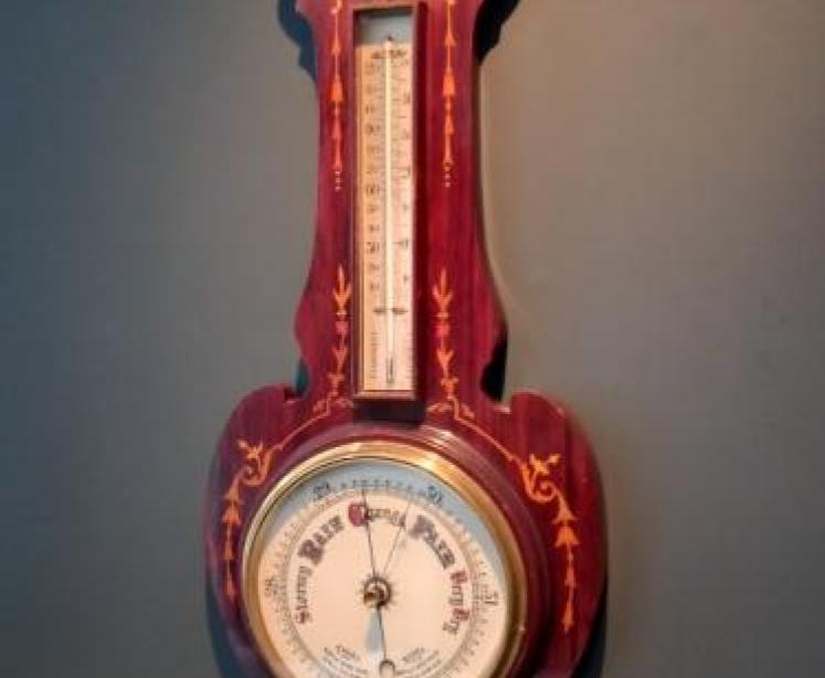 Late Victorian Rosewood Sheraton Inlaid Banjo Barometer and Thermometer - Image 7