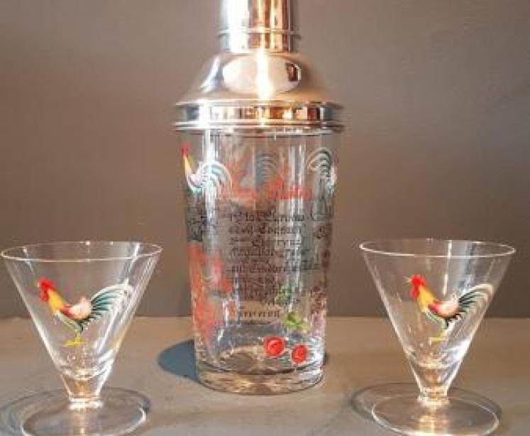 Silver and Enamel Glass Cocktail Shaker and Glasses - Image 1
