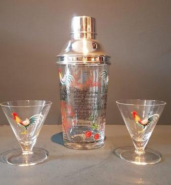 Silver and Enamel Glass Cocktail Shaker and Glasses