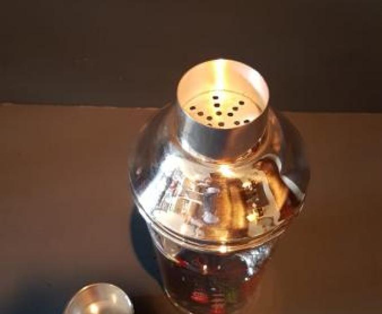 Silver and Enamel Glass Cocktail Shaker and Glasses - Image 5