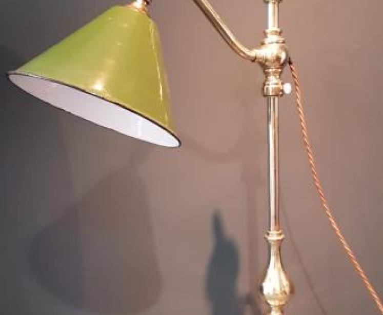 Antique Brass Rise and Fall Lamp & Enamel Shade - Image 1