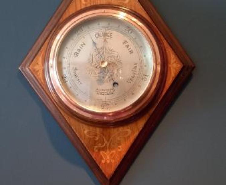 Art Nouveau Fruitwood Inlaid Diamond Shaped Barometer - Image 1