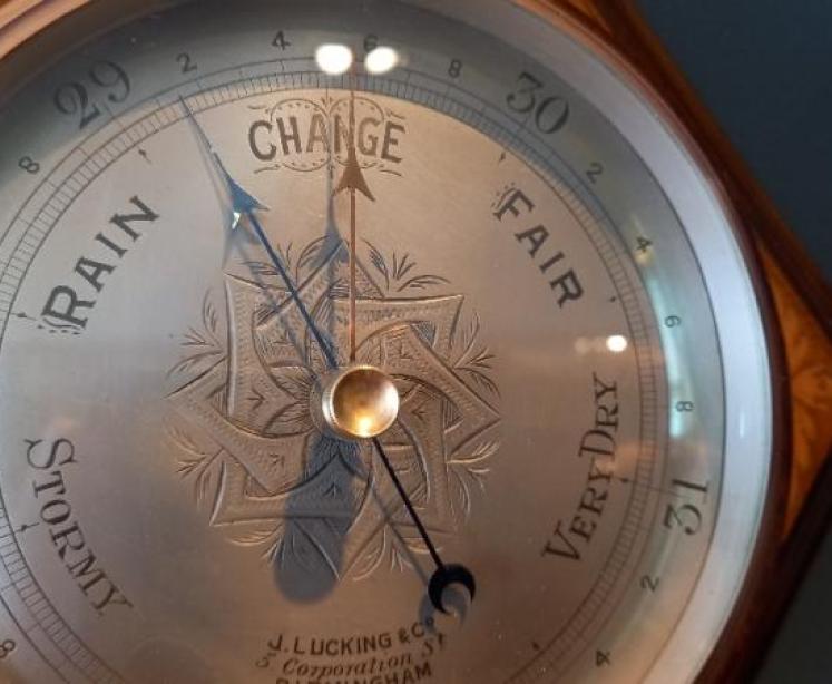 Art Nouveau Fruitwood Inlaid Diamond Shaped Barometer - Image 4