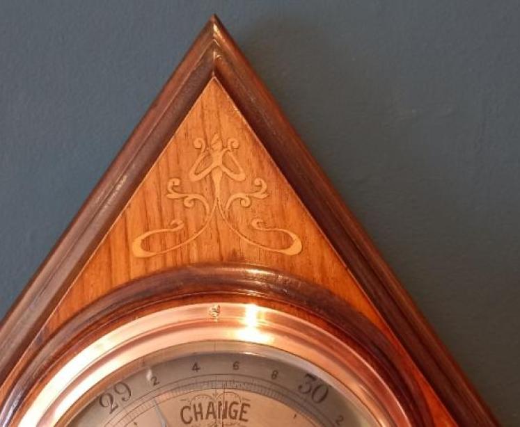 Art Nouveau Fruitwood Inlaid Diamond Shaped Barometer - Image 5