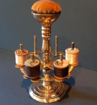 Antique Brass Bobbin Stand & Pin Cushion