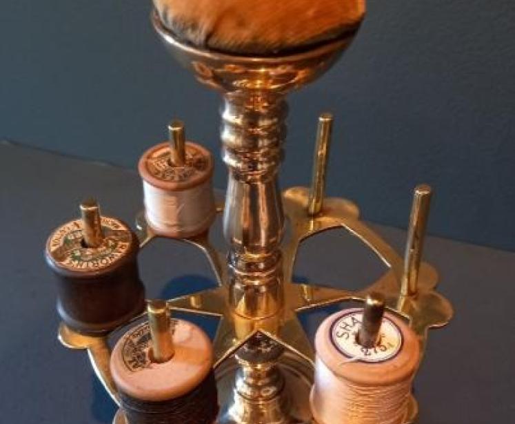 Antique Brass Bobbin Stand & Pin Cushion - Image 2
