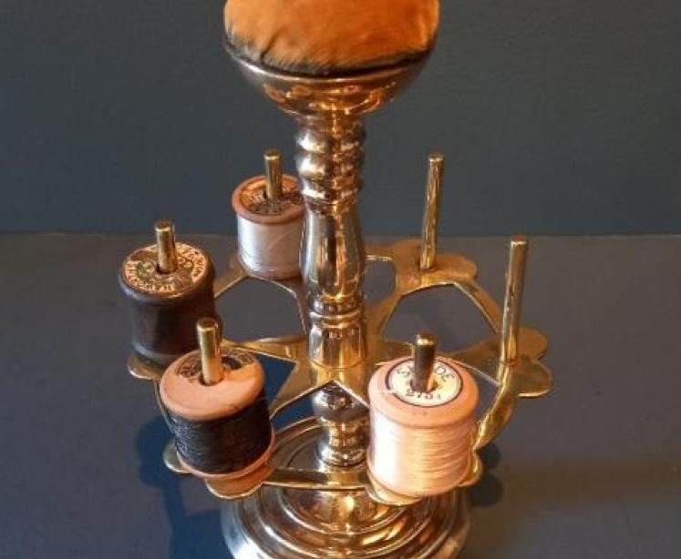 Antique Brass Bobbin Stand & Pin Cushion - Image 6