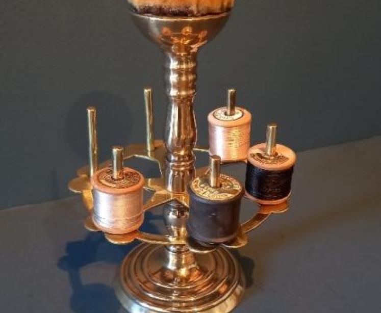 Antique Brass Bobbin Stand & Pin Cushion - Image 7