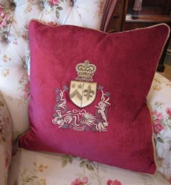 Maroon Velvet Embroidered Crest Cushion