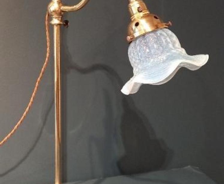 Antique Vaseline Glass Shade Rise & Fall Table Lamp - Image 1