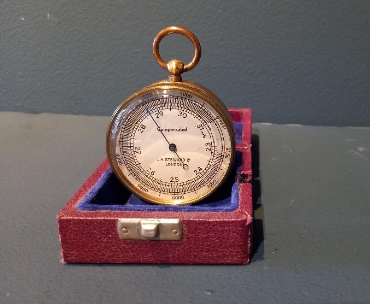 Late Victorian Gilt Brass London Pocket Barometer in Case - Image 1