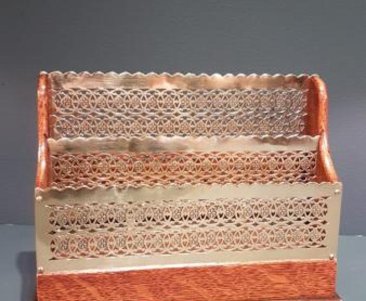 Victorian Fretted Brass and Oak Letter Rack - Image 1