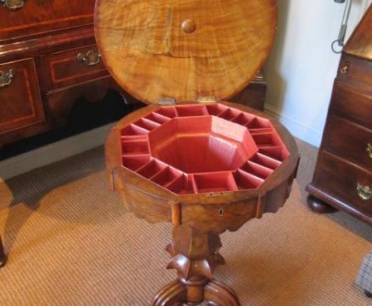 Early Victorian Walnut Fruitwood Inlaid Work Table - Image 4