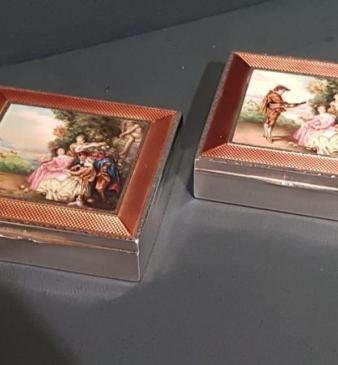 Superb Matching Pair of Antique Silver and Enamel Boxes