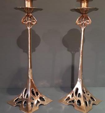 Pair of Solid Brass Art Nouveau Candlesticks