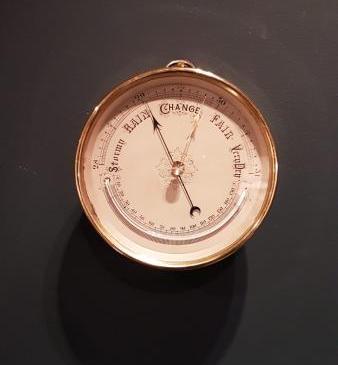 Victorian Brass Cased Marine Barometer with Crescent Thermometer