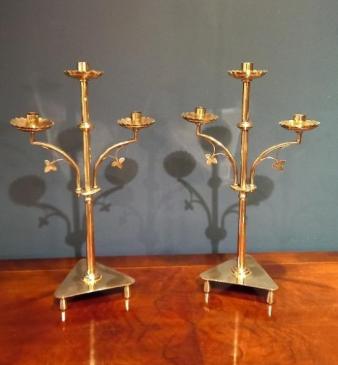 Pair of Late Victorian Cast Brass Three Arm Candelabra