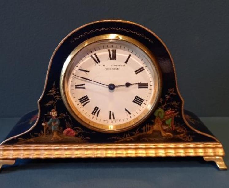 Antique Chinoiserie Blue Lacquered Mantel Clock - Image 1