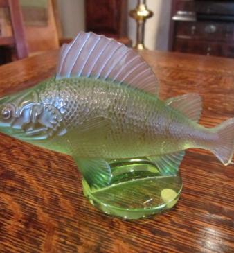 Lalique Green Opalescent Perch Fish Paperweight