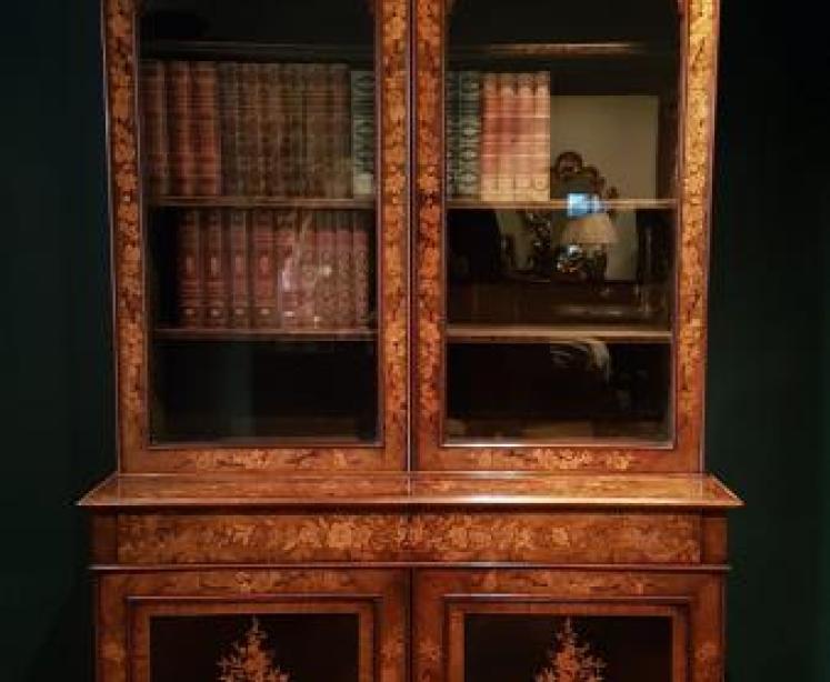 Magnificent Quality Walnut Marquetry Library Bookcase - Image 1
