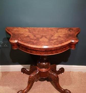 Victorian Burr Walnut Fold Over Card Table