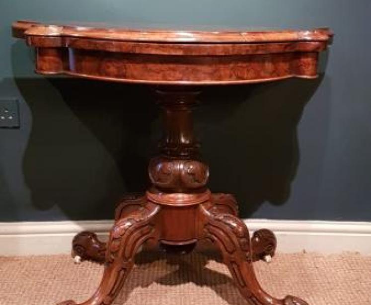 Victorian Burr Walnut Fold Over Card Table - Image 2