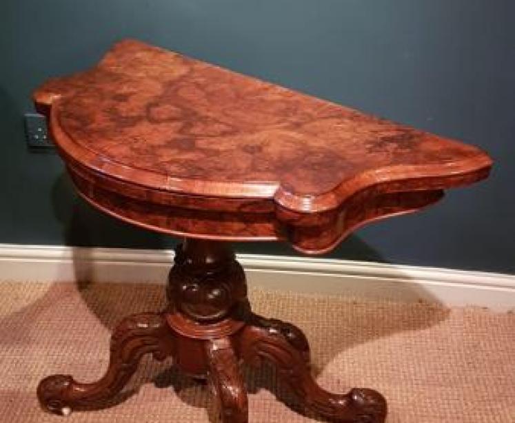 Victorian Burr Walnut Fold Over Card Table - Image 7