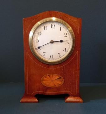  Edwardian Figured Mahogany Inlaid Mantel Clock