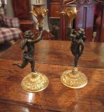 Pair of Mid Victorian Bronze Cherub Candlesticks