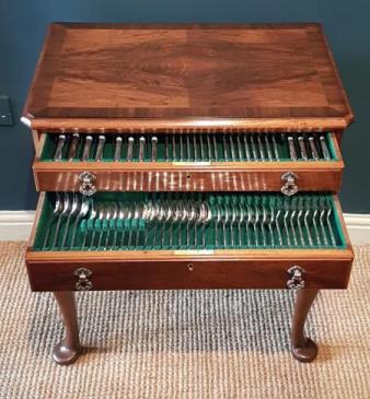 Canteen of Cutlery in Walnut Side Table