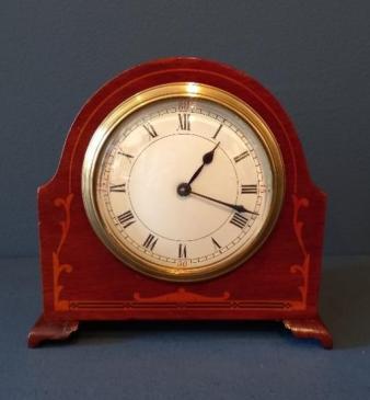 Small Edwardian Period Fruitwood Inlaid Mantel Clock