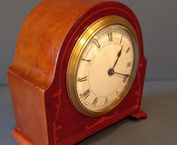 Small Edwardian Period Fruitwood Inlaid Mantel Clock - Image 7
