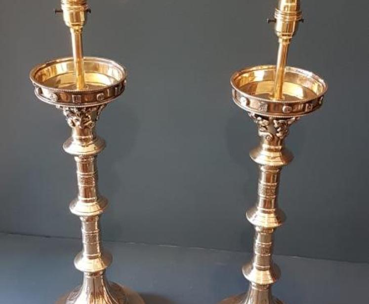 Matching Pair of Victorian Church Candlestick Table Lamps - Image 1