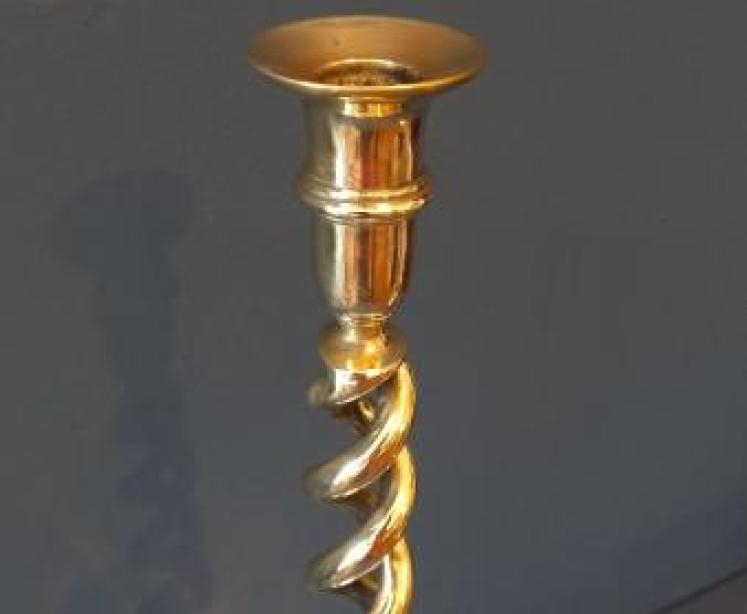 Tall Pair of Victorian Brass Open Barley Twist Candlesticks - Image 3