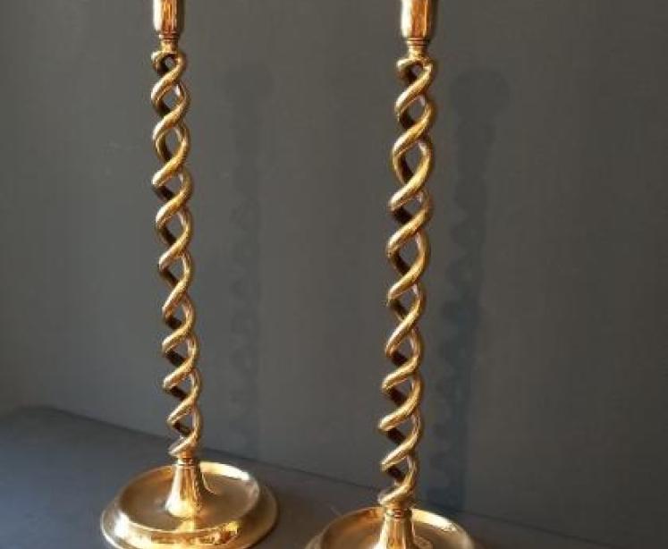 Tall Pair of Victorian Brass Open Barley Twist Candlesticks - Image 6