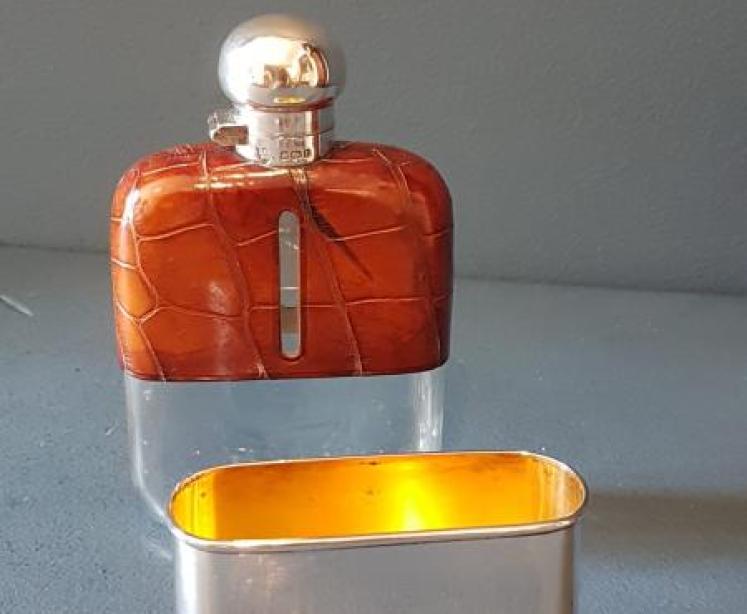 Silver and Crocodile Skin Hip Flask - Image 2