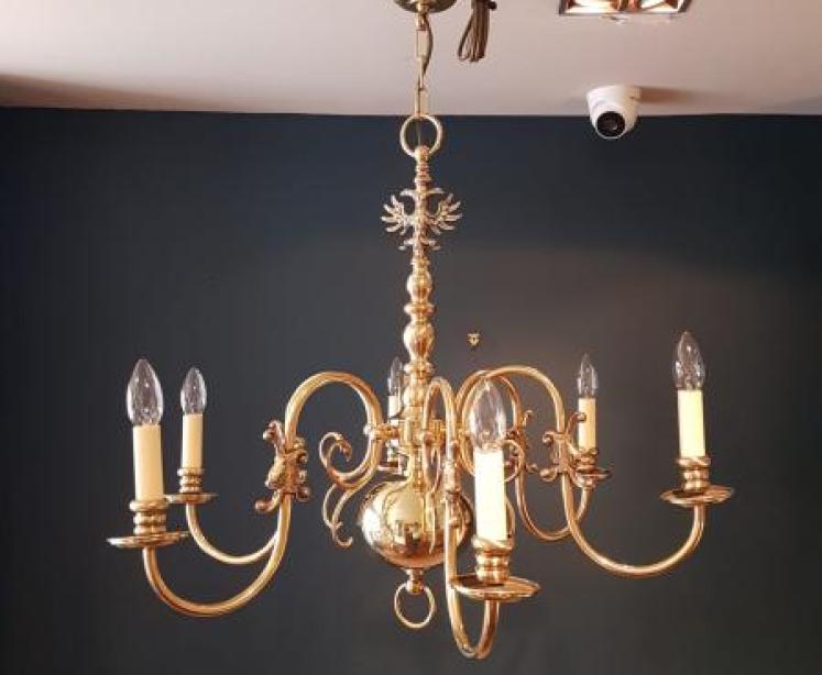 Fully Restored Edwardian Brass Six Arm Chandelier - Image 7