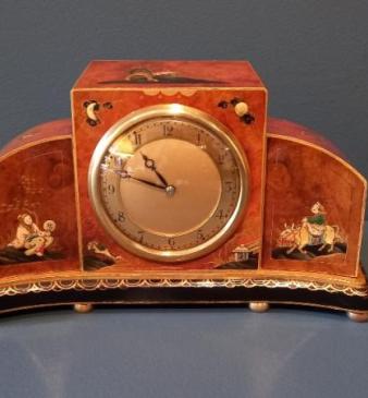 Superb Edwardian Burr Walnut Chinoiserie Mantel Clock
