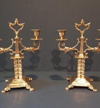 Matching Pair of Victorian Brass Twin Arm Candlesticks