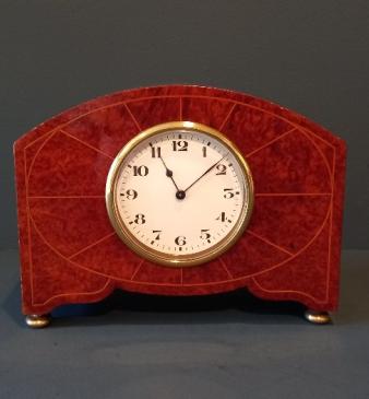Edwardian Period Burr Walnut Sunburst Inlay Mantel Clock