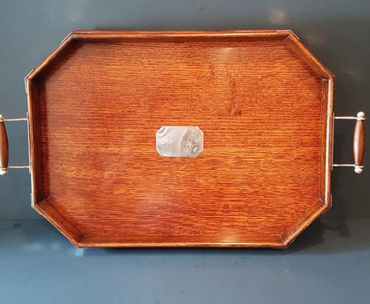 Victorian Oak and Silver Plated Mounted Tray - Image 1