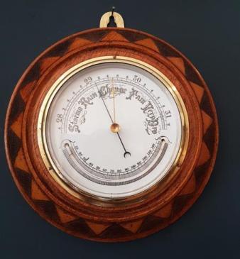Victorian Oak Aneroid Barometer with Crescent Thermometer 