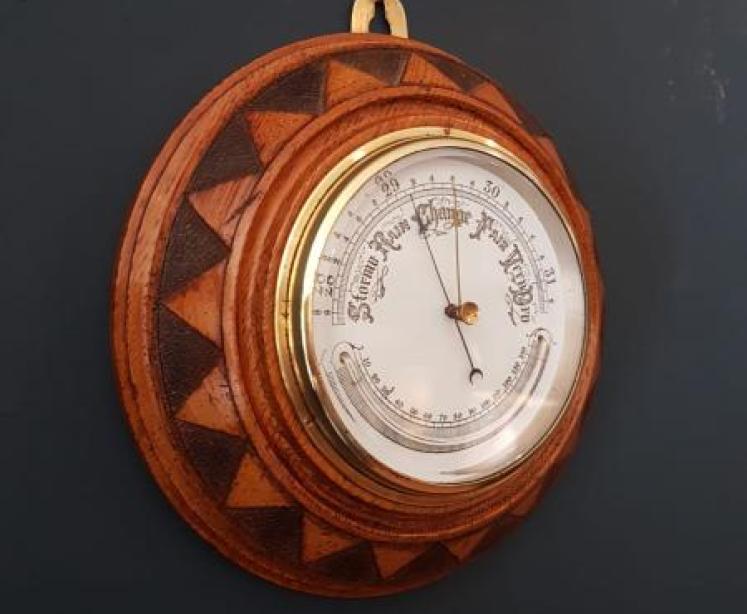 Victorian Oak Aneroid Barometer with Crescent Thermometer  - Image 2