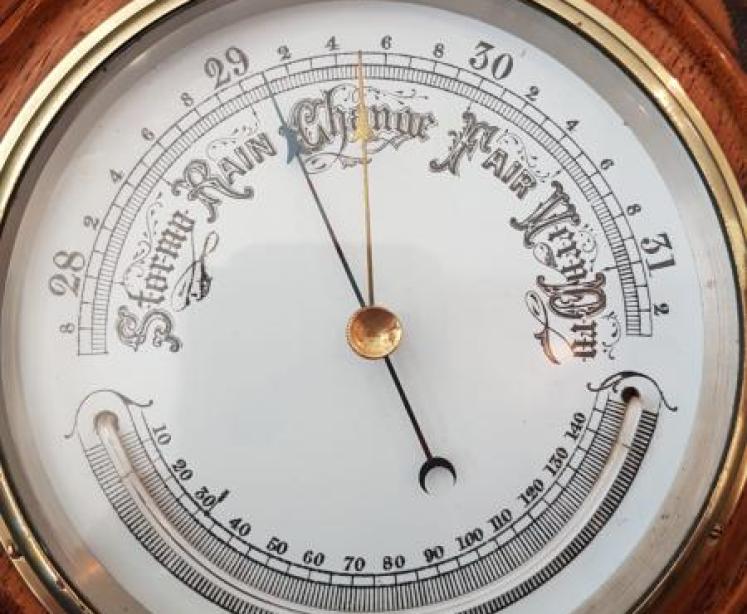 Victorian Oak Aneroid Barometer with Crescent Thermometer  - Image 3