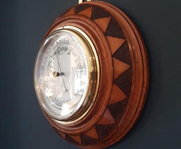 Victorian Oak Aneroid Barometer with Crescent Thermometer  - Image 4