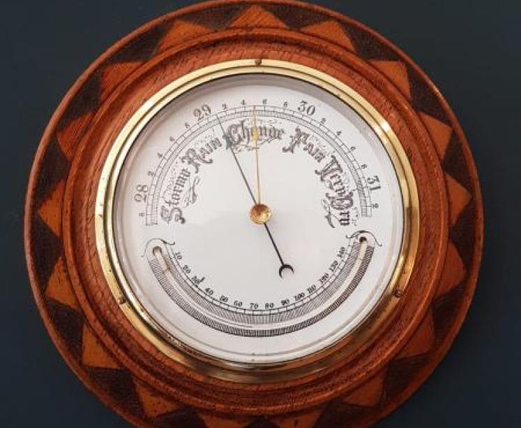 Victorian Oak Aneroid Barometer with Crescent Thermometer  - Image 6
