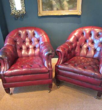 Superb Pair of 1920's Leather Buttoned Club Armchairs